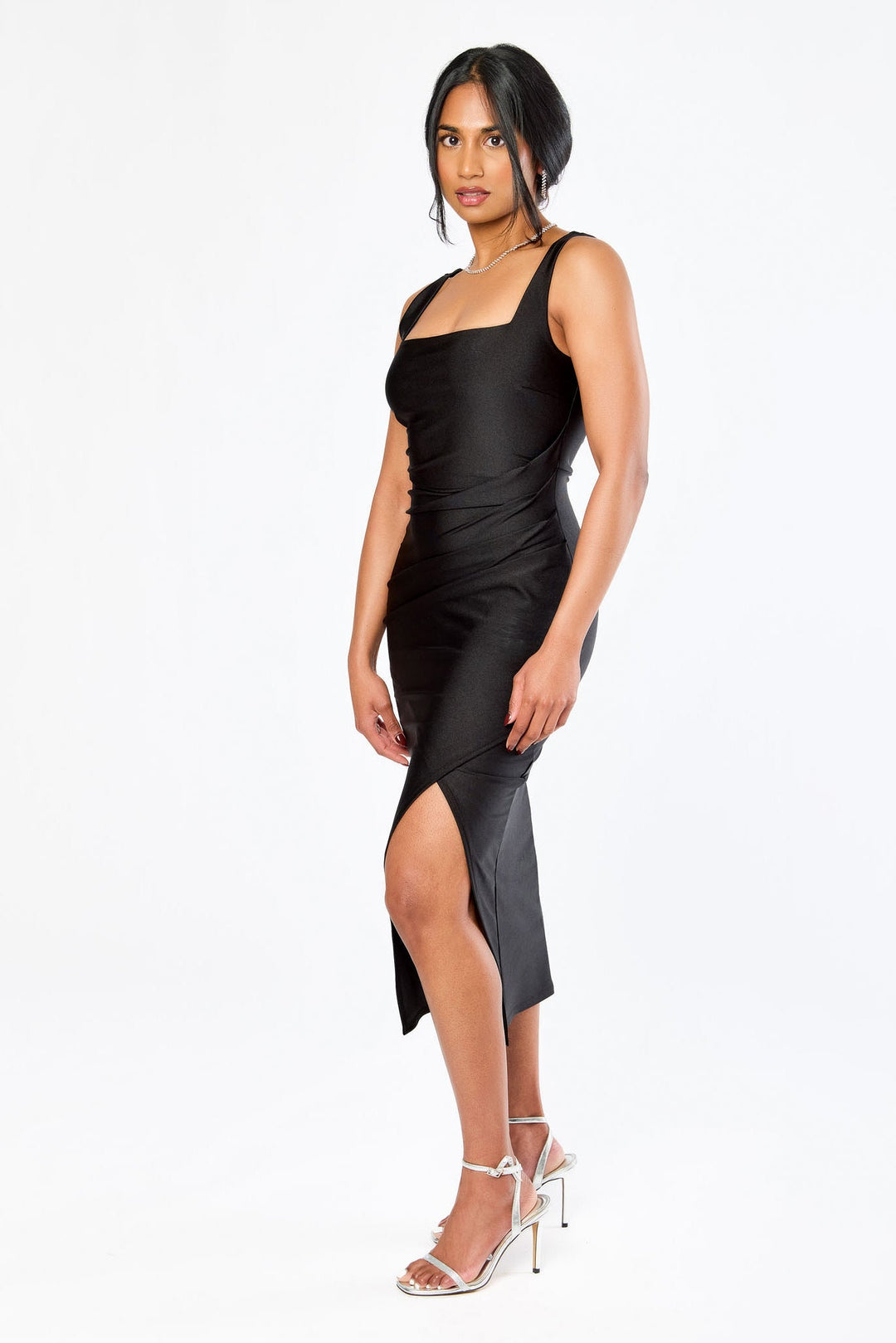 Doriane | Fitted Square Neck Satin Midi Dress for Women