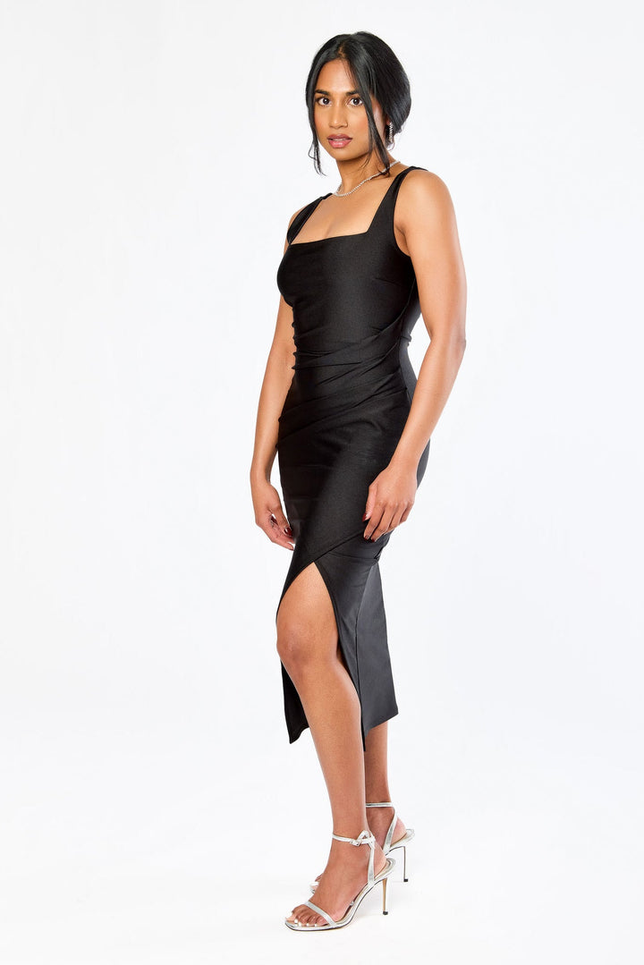 Doriane | Fitted Square Neck Satin Midi Dress for Women