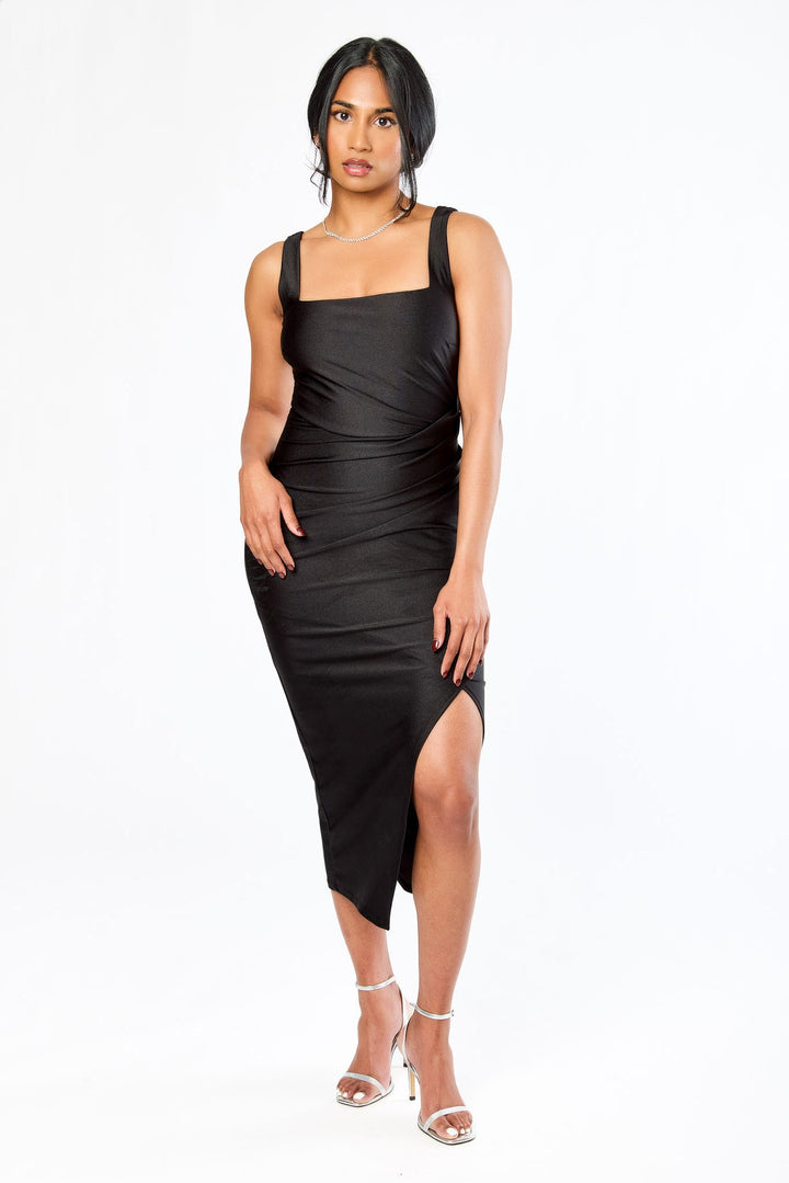 Doriane | Fitted Square Neck Satin Midi Dress for Women
