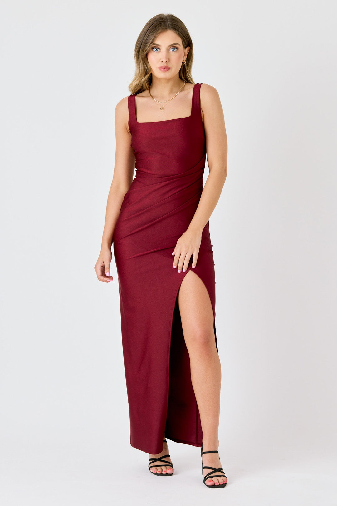 Emeline | Trailing Square Neck Satin Maxi Dress for Women