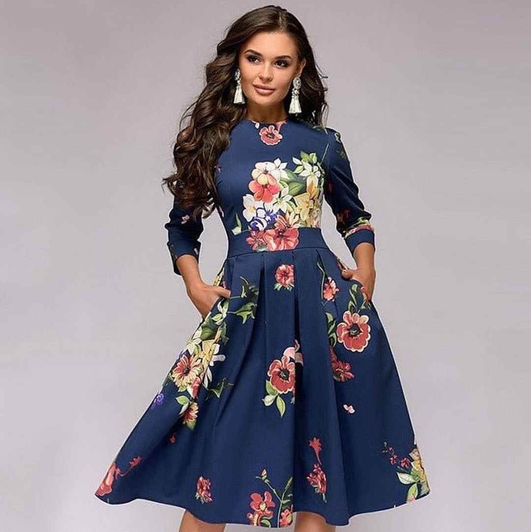 Flavie | Waisted Floral Midi Dress with Sleeves for Women