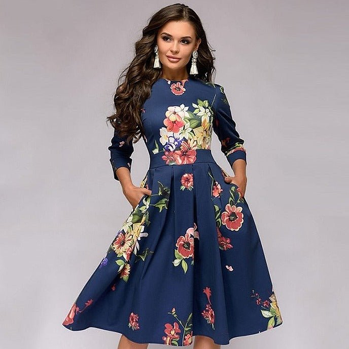 Flavie | Waisted Floral Midi Dress with Sleeves for Women
