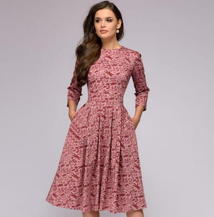 Flavie | Waisted Floral Midi Dress with Sleeves for Women