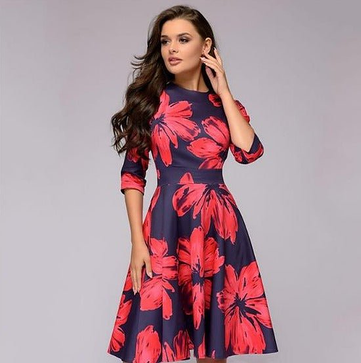Flavie | Waisted Floral Midi Dress with Sleeves for Women