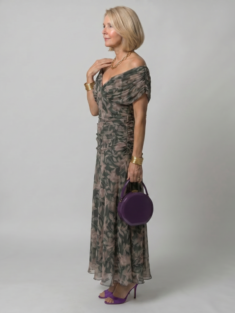 Marine | Tiered Off Shoulder Chiffon Midi Dress for Women