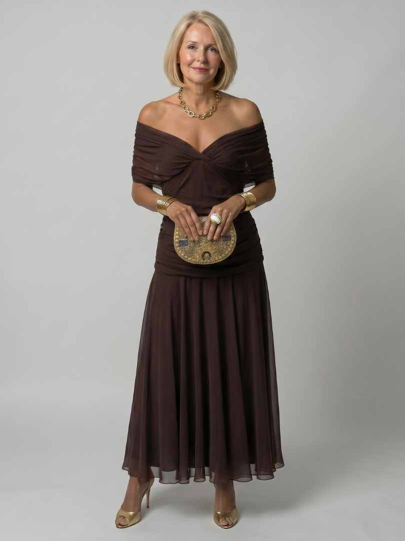 Marine | Tiered Off Shoulder Chiffon Midi Dress for Women