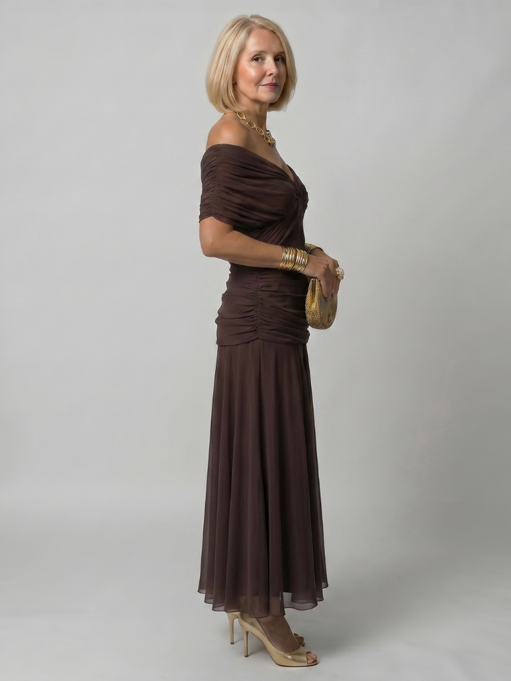 Marine | Tiered Off Shoulder Chiffon Midi Dress for Women