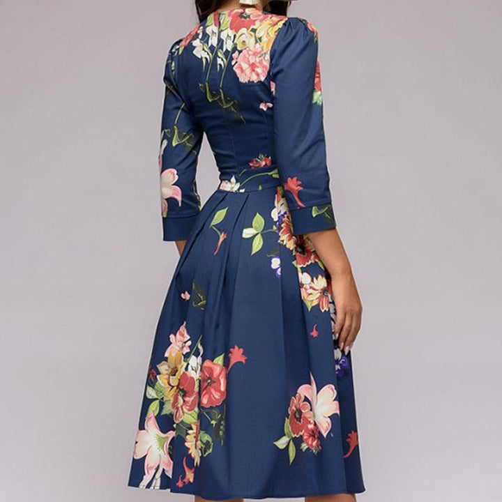 Flavie | Waisted Floral Midi Dress with Sleeves for Women