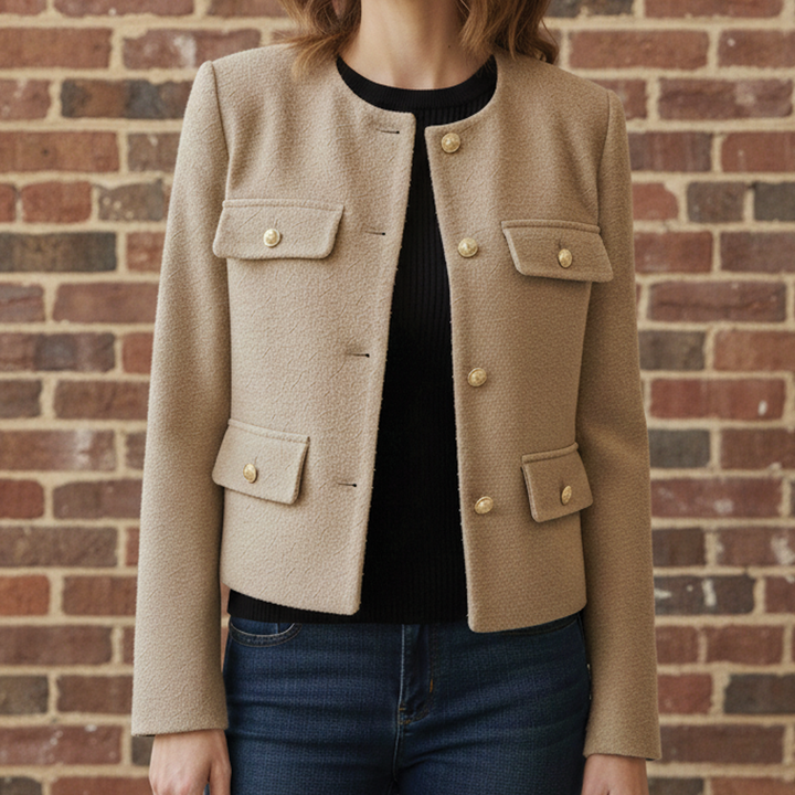 Noemie | Lustrous Collarless Wool Boucle Blazer for Women