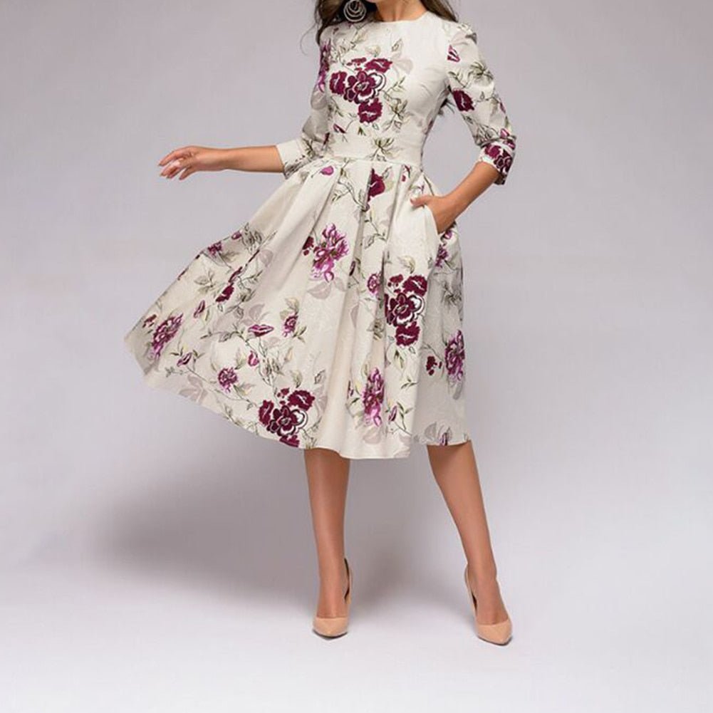 Flavie | Waisted Floral Midi Dress with Sleeves for Women