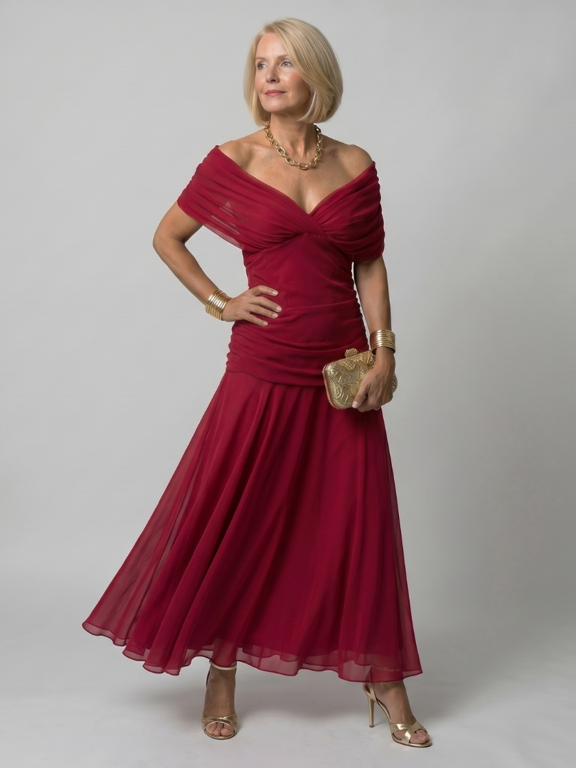 Marine | Tiered Off Shoulder Chiffon Midi Dress for Women