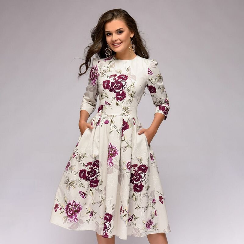 Flavie | Waisted Floral Midi Dress with Sleeves for Women
