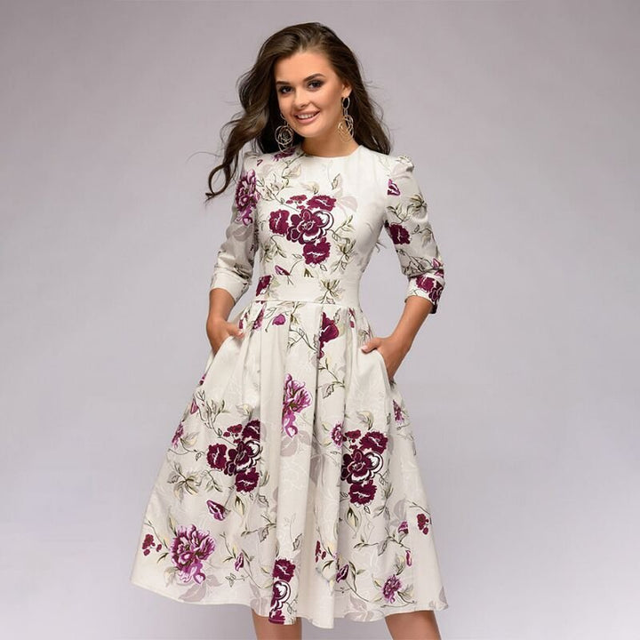 Flavie | Waisted Floral Midi Dress with Sleeves for Women