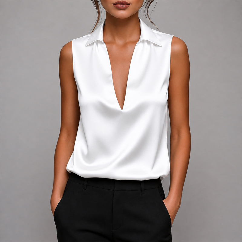 Cyrielle | Glazed Satin Sleeveless V Neck Top for Women