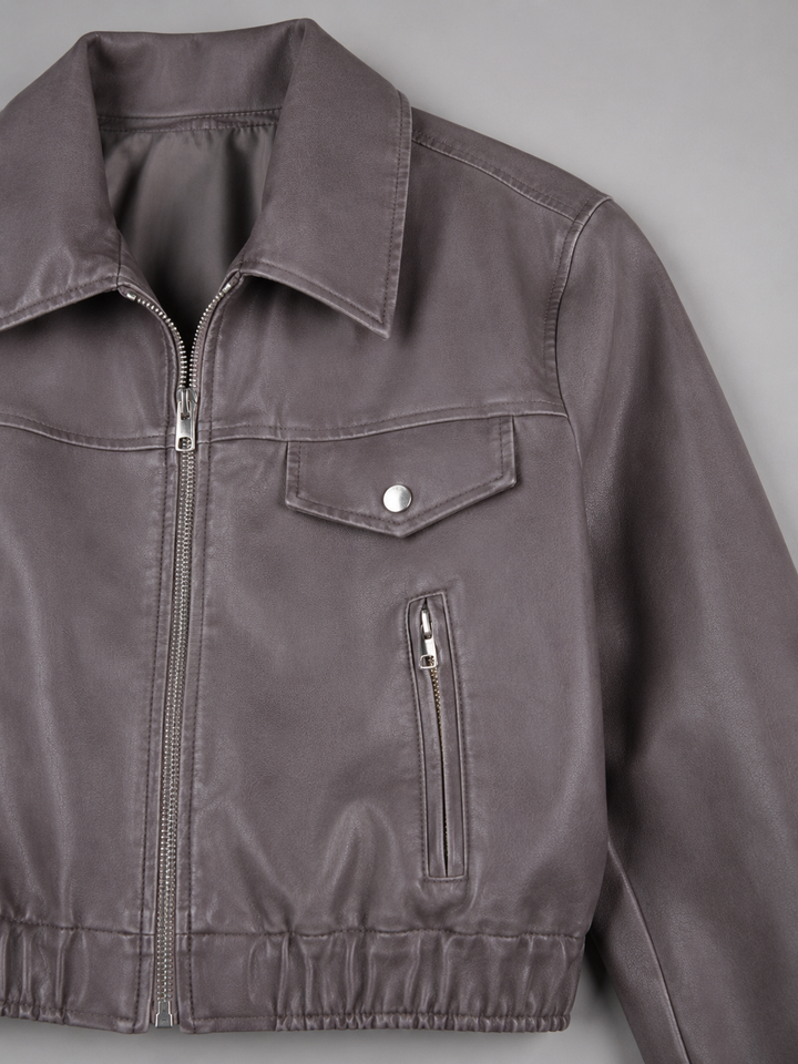 Women's Distressed Faux Leather Trucker Jacket