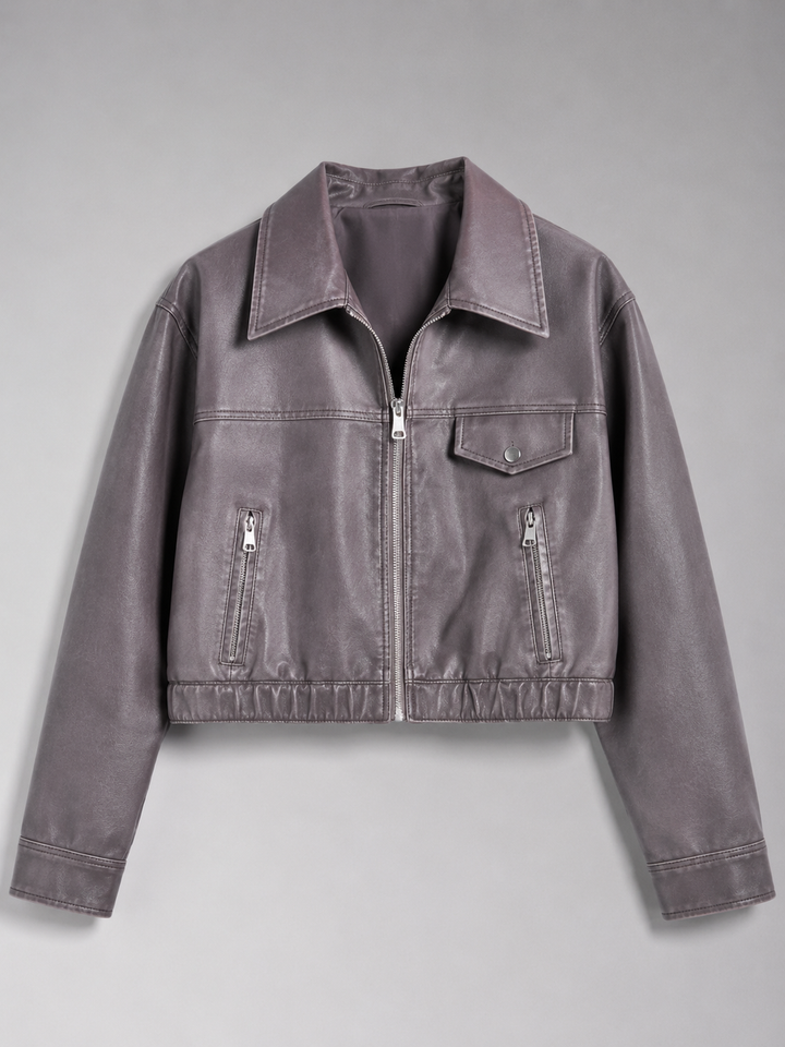 Women's Distressed Faux Leather Trucker Jacket