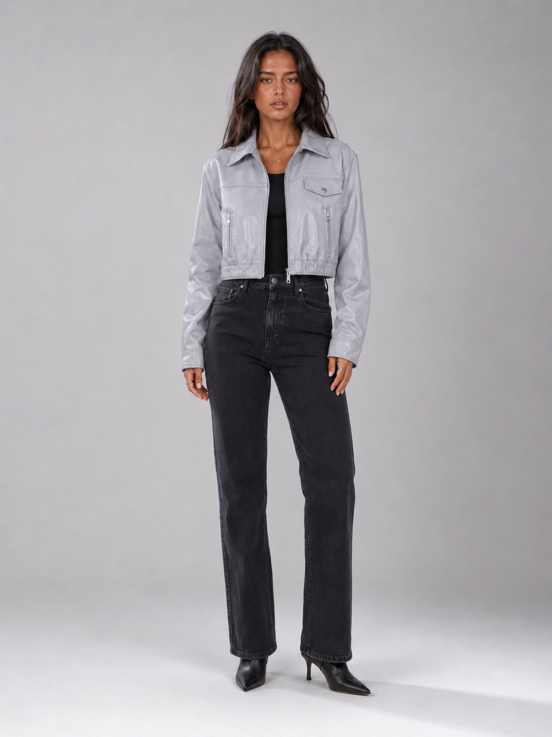 Women's Distressed Faux Leather Trucker Jacket