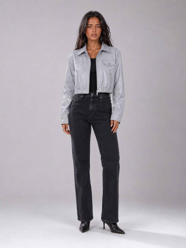 Women's Distressed Faux Leather Trucker Jacket