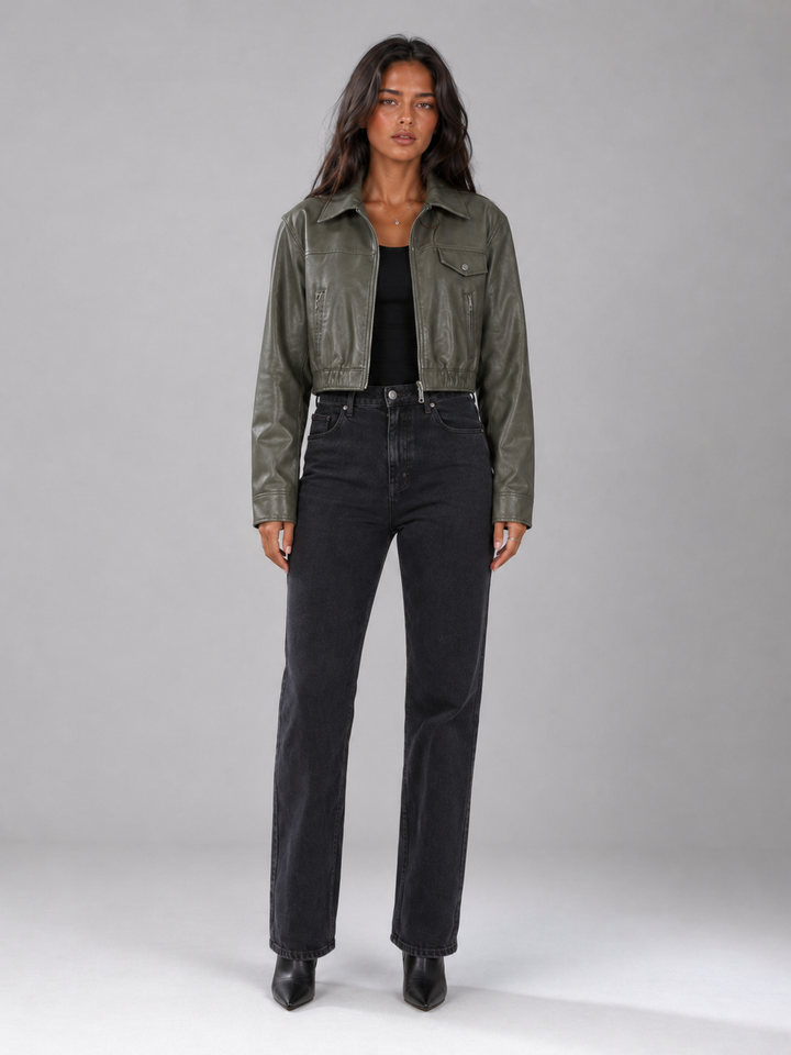 Women's Distressed Faux Leather Trucker Jacket