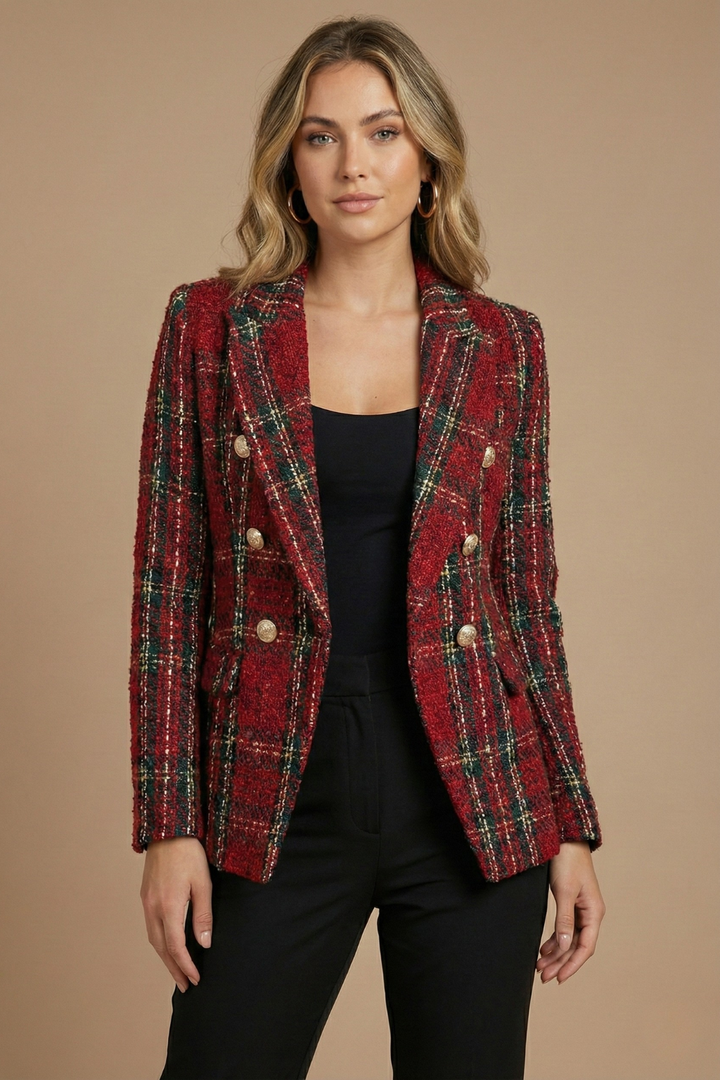 Agathe | Spirited Plaid Double Breasted Wool Blazer for Women