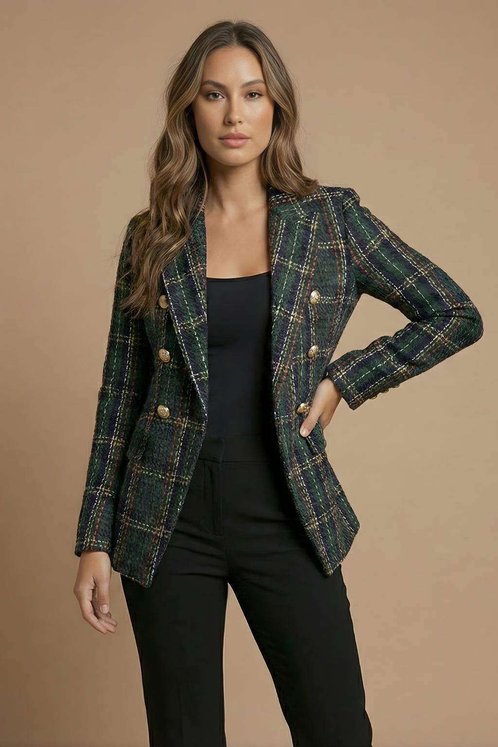Agathe | Spirited Plaid Double Breasted Wool Blazer for Women