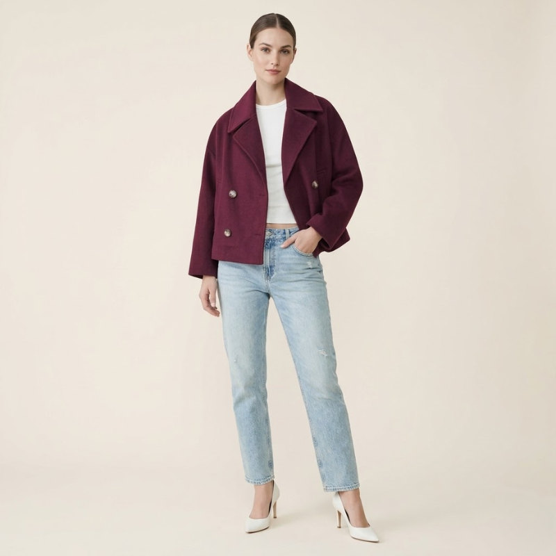 Blandine | Twilled Short Double Breasted Wool Coat for Women