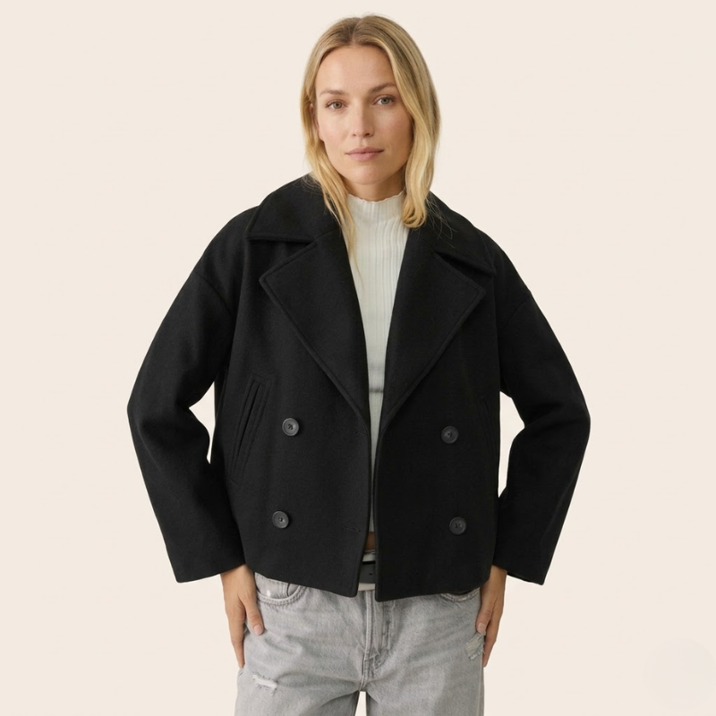 Blandine | Twilled Short Double Breasted Wool Coat for Women