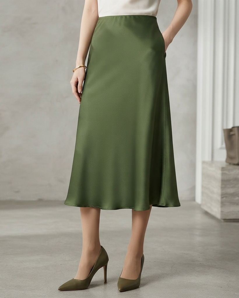 Verity | Swishy A Line Satin Midi Skirt for Women