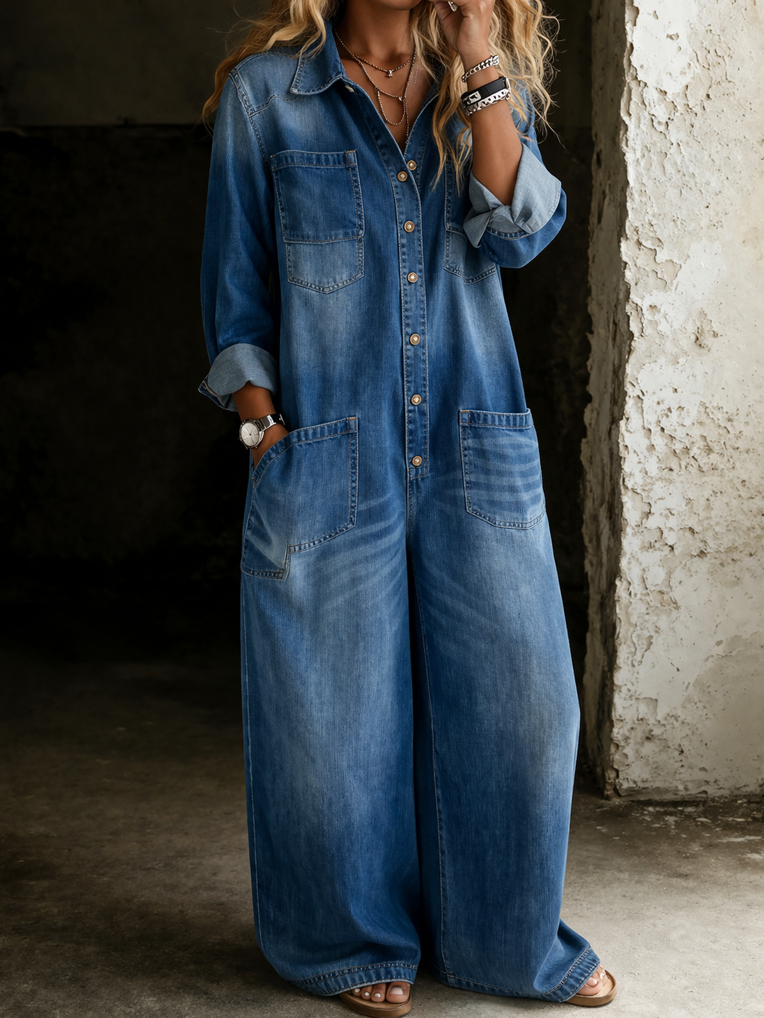 Rosalind | Serene Button Front Wide Leg Denim Jumpsuit for Women