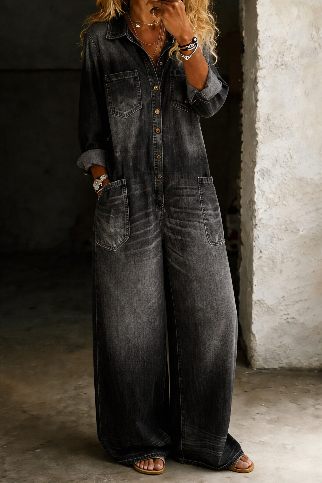 Rosalind | Serene Button Front Wide Leg Denim Jumpsuit for Women