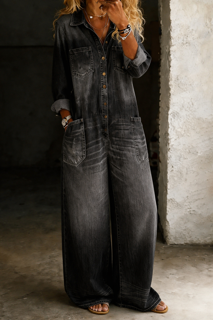 Rosalind | Serene Button Front Wide Leg Denim Jumpsuit for Women