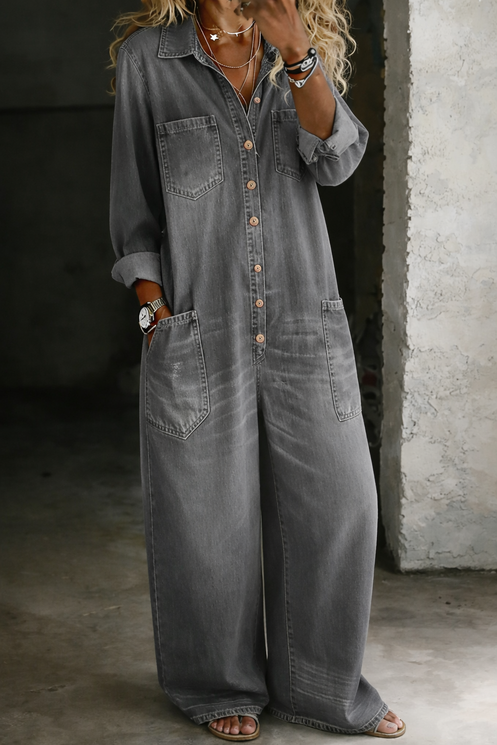 Rosalind | Serene Button Front Wide Leg Denim Jumpsuit for Women