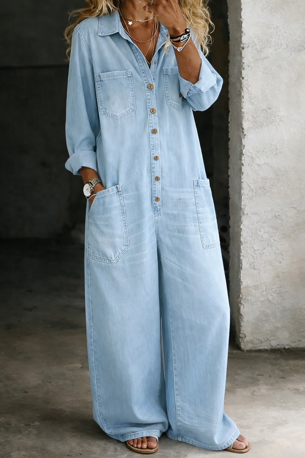 Rosalind | Serene Button Front Wide Leg Denim Jumpsuit for Women