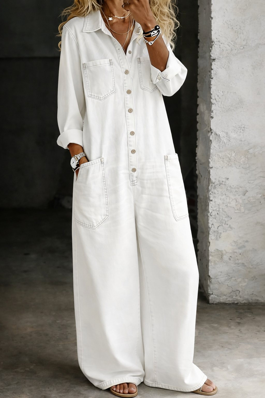 Rosalind | Serene Button Front Wide Leg Denim Jumpsuit for Women
