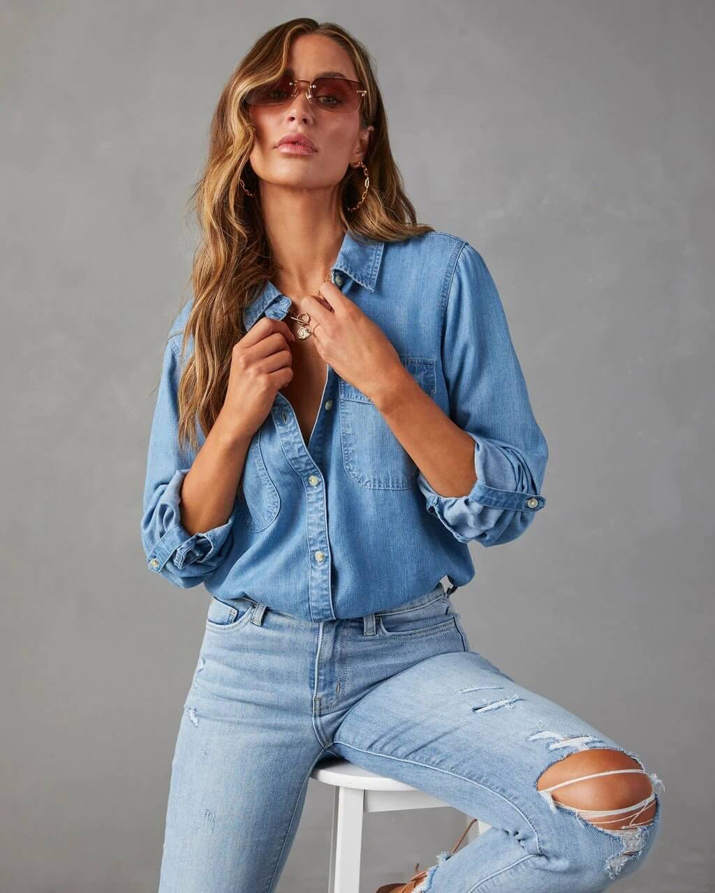 Eliane | Stitched Cotton Denim Shirt for Women