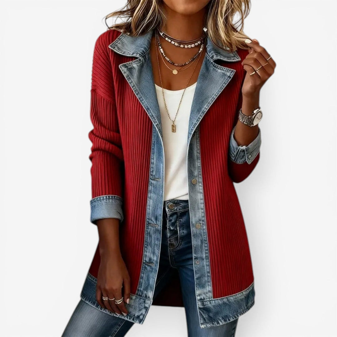 Celestine | Textured Ribbed Knit Denim Trim Jacket for Women