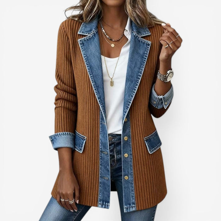 Celestine | Textured Ribbed Knit Denim Trim Jacket for Women