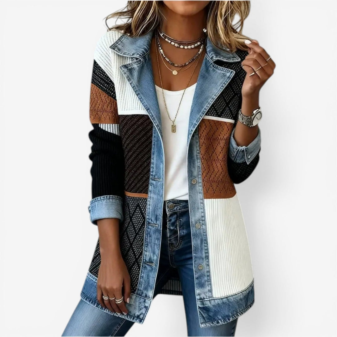 Celestine | Textured Ribbed Knit Denim Trim Jacket for Women