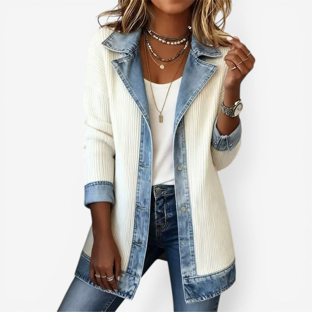 Celestine | Textured Ribbed Knit Denim Trim Jacket for Women