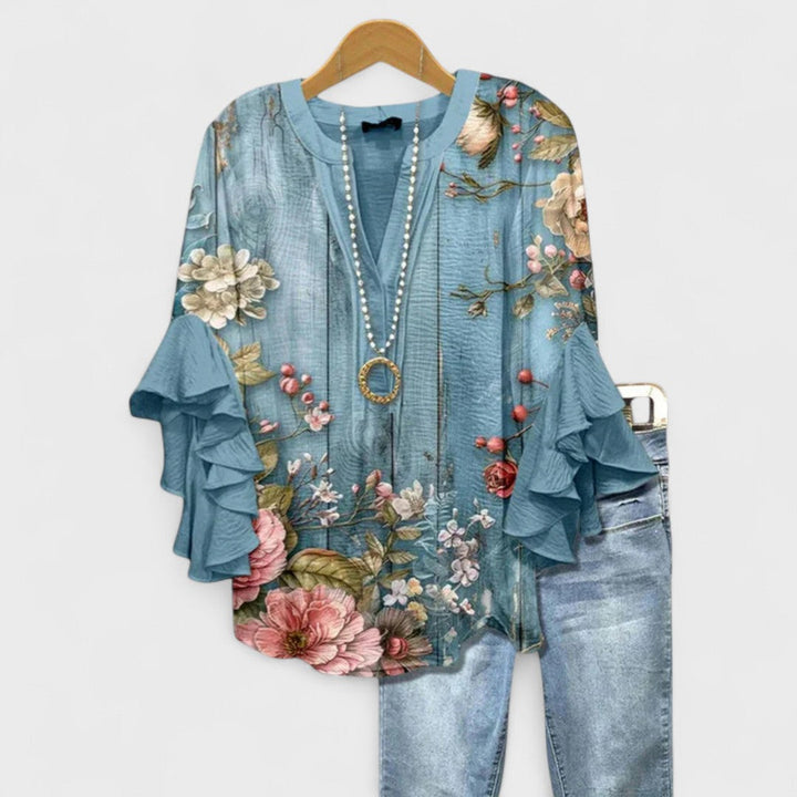Ivy | Frilled V Neck Ruffle Sleeve Blouse for Women
