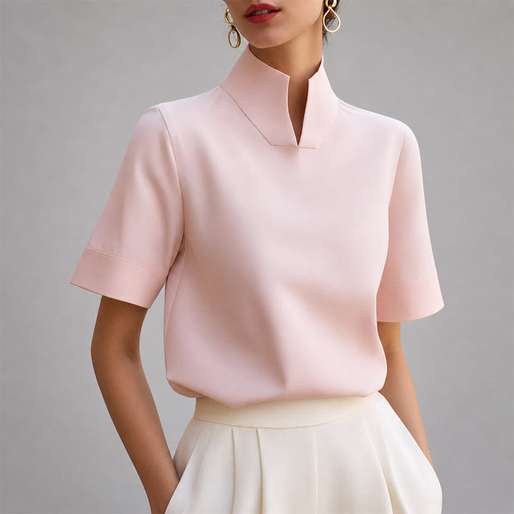Ameline | Notched Mock Neck V Cut Blouse for Women