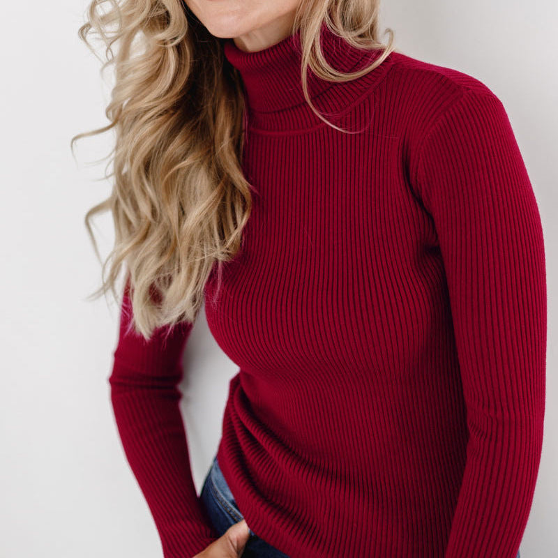 Angeline | Corded Ribbed Mock Neck Knit Top for Women