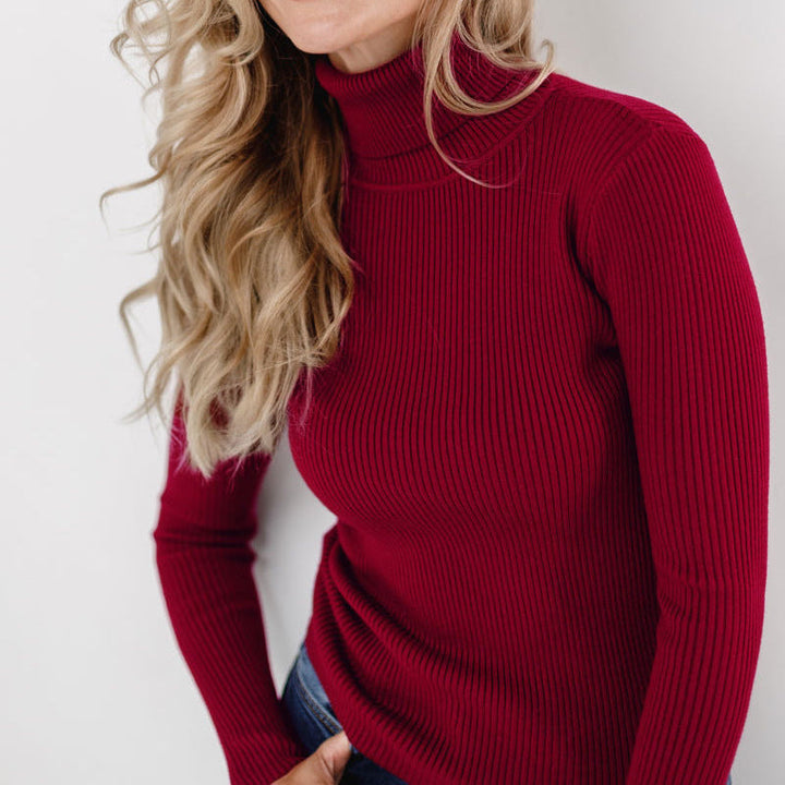 Angeline | Corded Ribbed Mock Neck Knit Top for Women