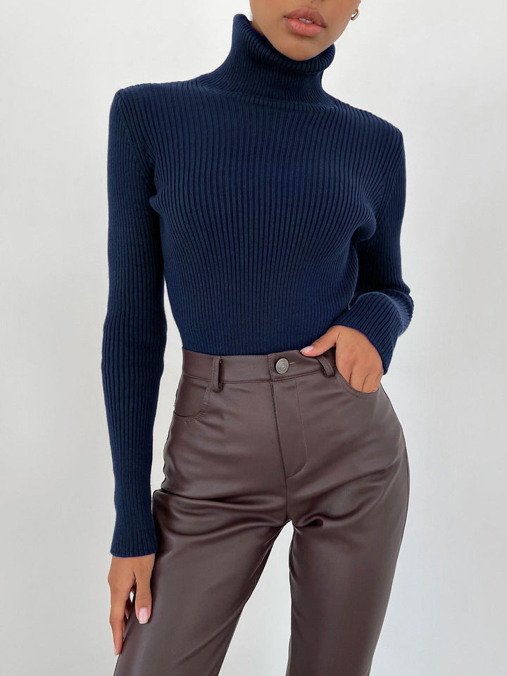 Angeline | Corded Ribbed Mock Neck Knit Top for Women