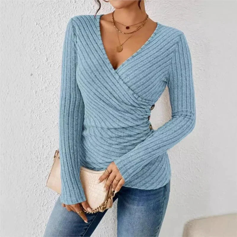 Ariane | Ruched Ribbed V Neck Wrap Top for Women