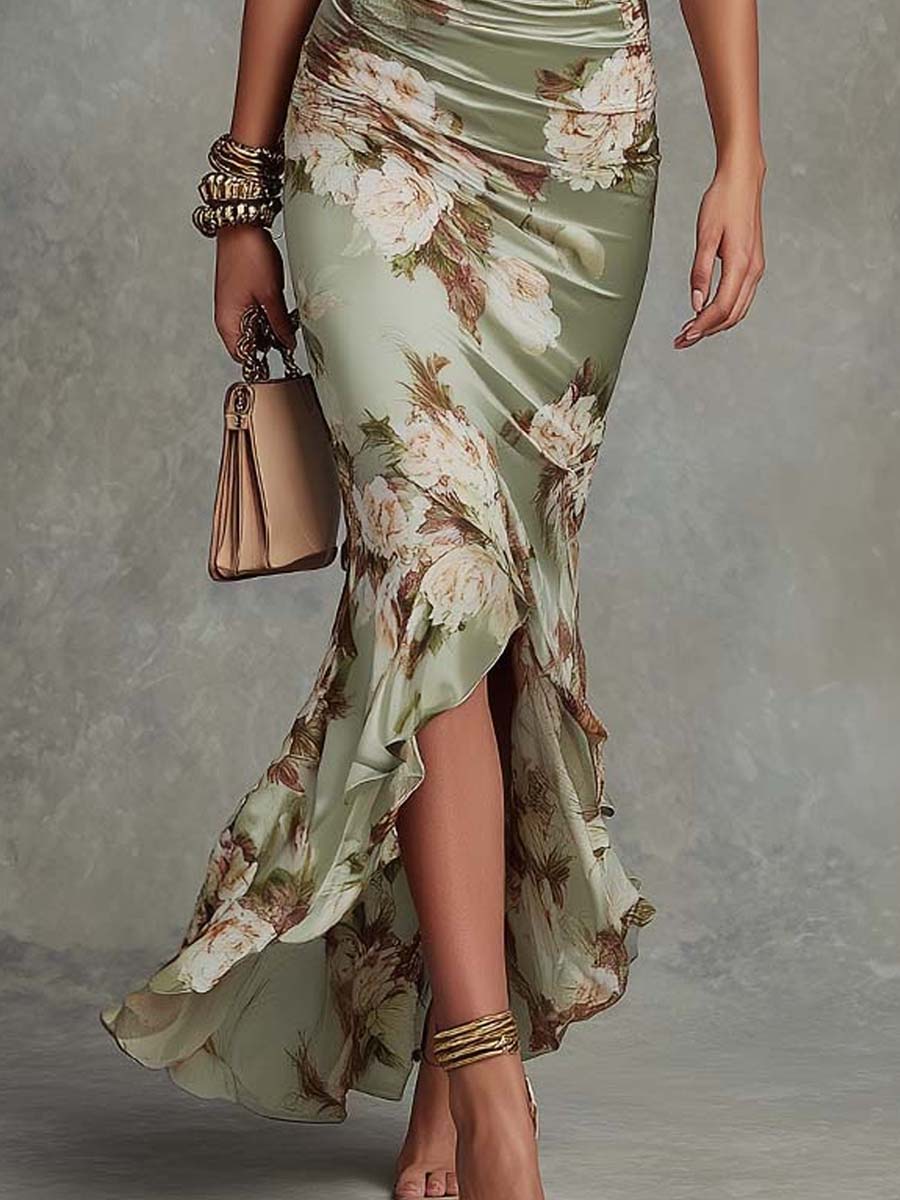Elise | Peplumed Floral Midi Dress in Satin for Women