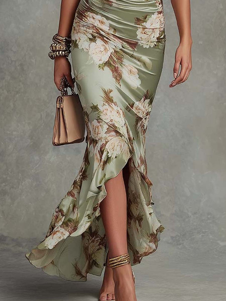 Elise | Peplumed Floral Midi Dress in Satin for Women