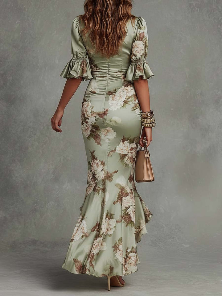 Elise | Peplumed Floral Midi Dress in Satin for Women