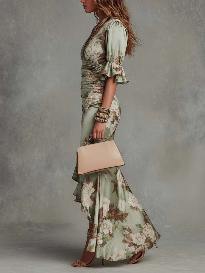 Elise | Peplumed Floral Midi Dress in Satin for Women