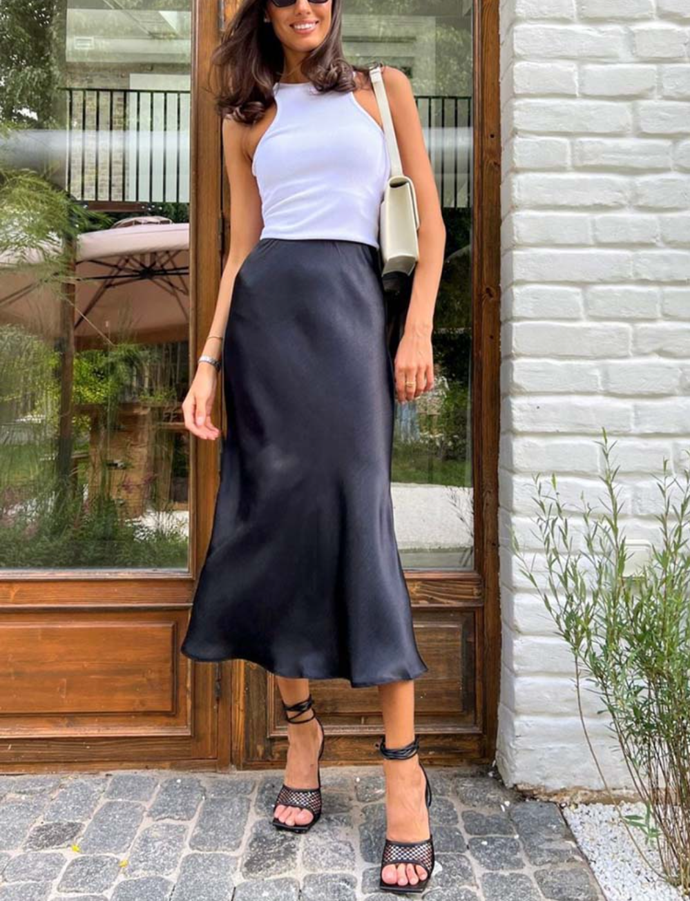 Verity | Swishy A Line Satin Midi Skirt for Women